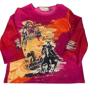 Bit & Bridle Red Western Horse Miller Brothers Beaded 3/4 Sleeve Blouse Size XL